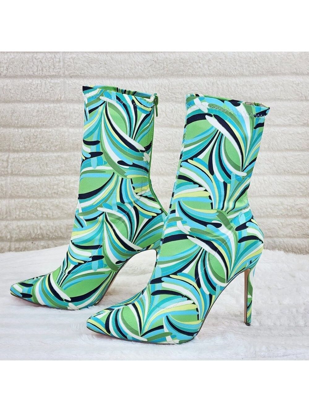 Odin Crazy Wild Color Pattern High Heel Stretch Fabric Ankle Boots - Green Blue - Picture 9 of 15